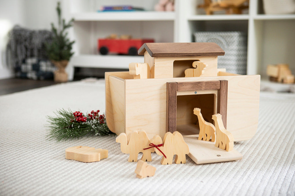 BIG NOAH'S ARK & ANIMALS Handcrafted Wood Bible Toy Set