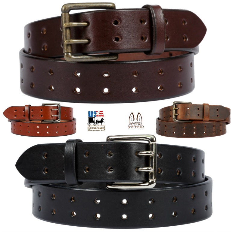 Leather Belt 2 WIDE DUAL PRONG DOUBLE HOLE BELT Saving Shepherd