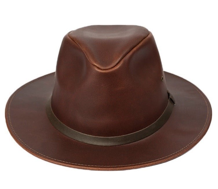 Amish Handmade Leather Safari Hat - Cowboy Western Bush Style - Brown & Black - Medium (22-23) - Saving Shepherd