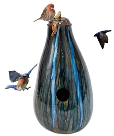 BirdhouseBLUE & TURQUOISE PSYCHEDELIC STRIPED BIRDHOUSE - Amish Hand Mottled Gourd Bird HouseSaving Shepherd