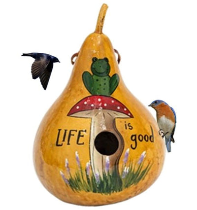 BirdhouseFROG ON MUSHROOM GOURD BIRDHOUSE - Hand Painted Toadstool MessageSaving Shepherd