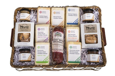 Food Gift BasketsCHRISTMAS PLEASURES GIFT BASKET - Gourmet Cheeses & Condiments in Hand - Woven TraybundledelicacySaving Shepherd