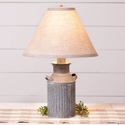 Table LampMilk Jug Table Lamp with Weathered Zinc Finish – Gray Check or Ivory Linen ShadeSaving Shepherd